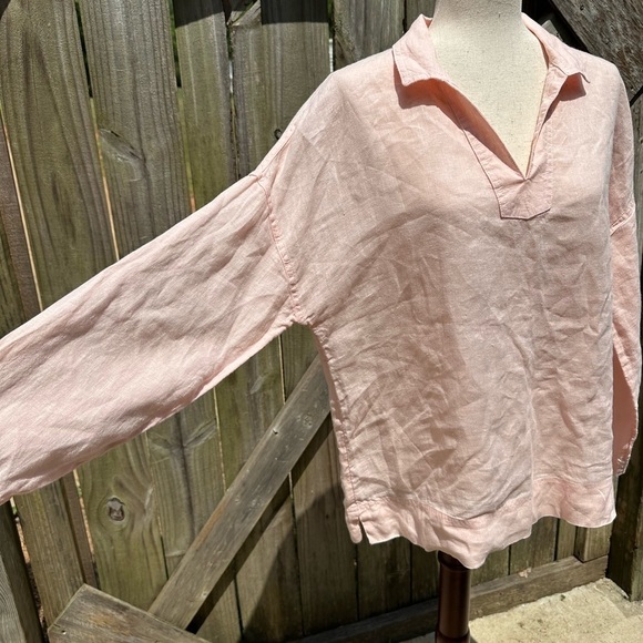 C&C California Baby Pink 100% Linen Long Sleeve Collared Neckline Casual Top - Picture 2 of 6